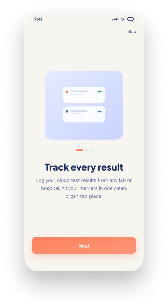 Bloodmetric onboarding screen explaining result tracking