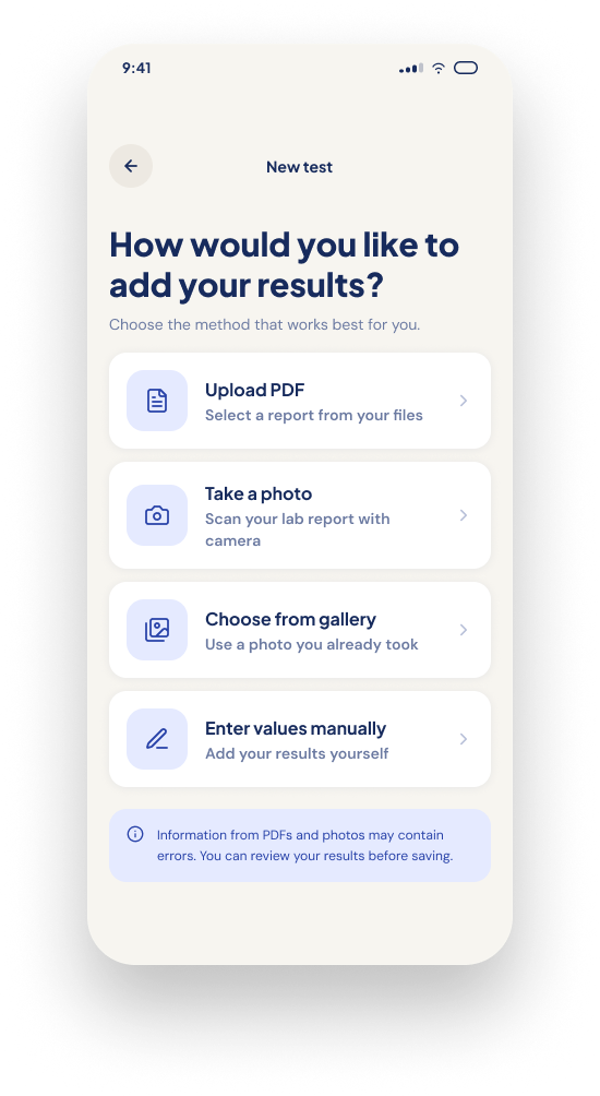 Bloodmetric options for adding a new test result