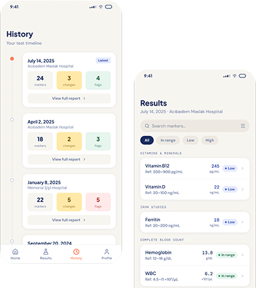 Bloodmetric History and Results screens shown together