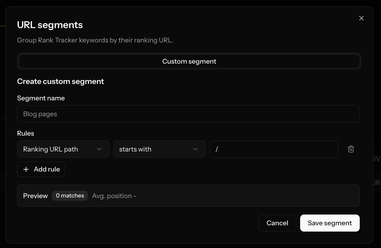 Create custom URL segment modal in Screpy