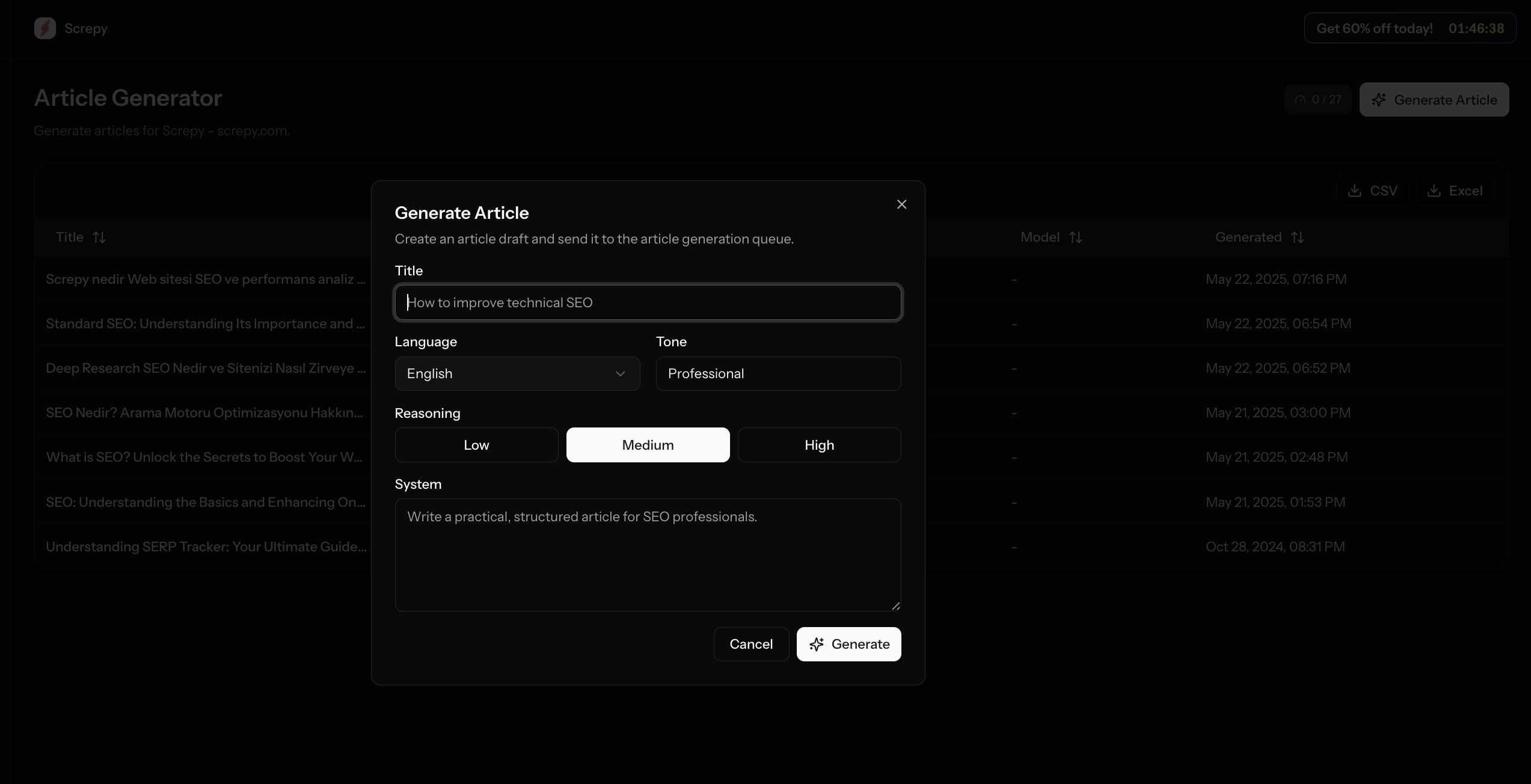 Screpy article generator configuration modal