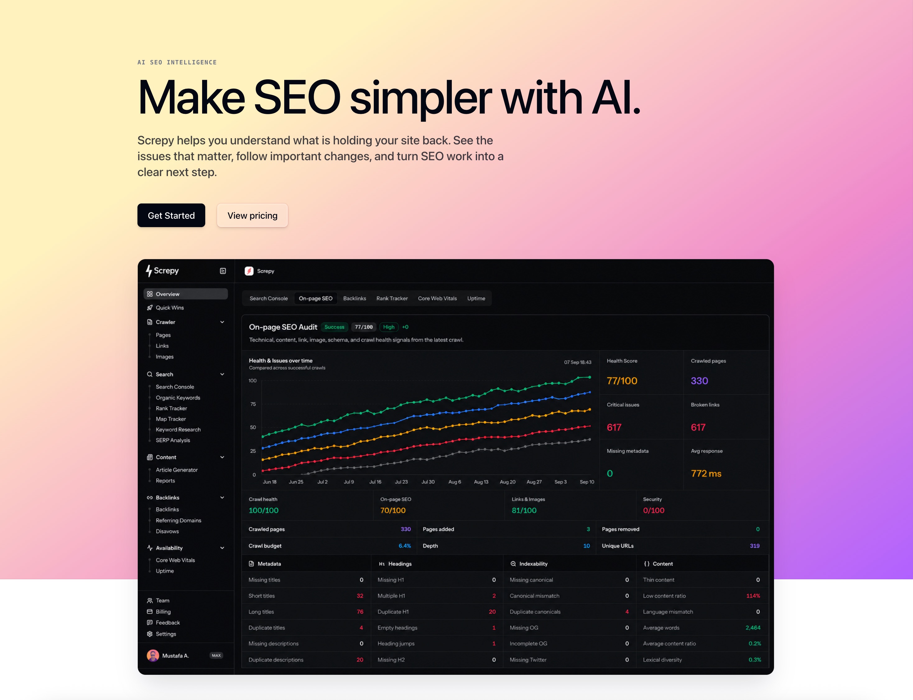 Screpy AI SEO dashboard and product interface
