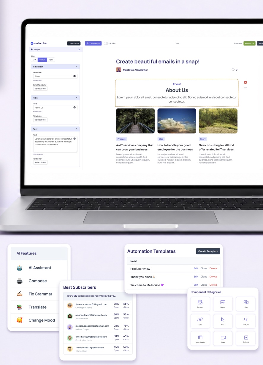 Mailscribe email editor, AI features, subscribers, templates, and component library