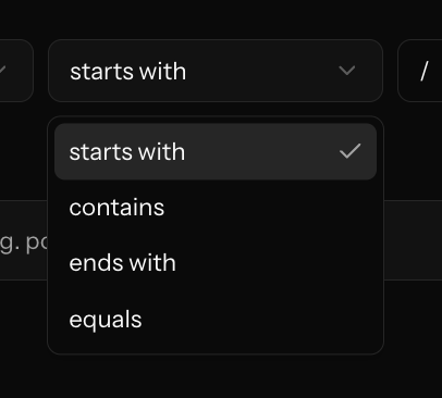 Starts with, contains, ends with, and equals matching conditions