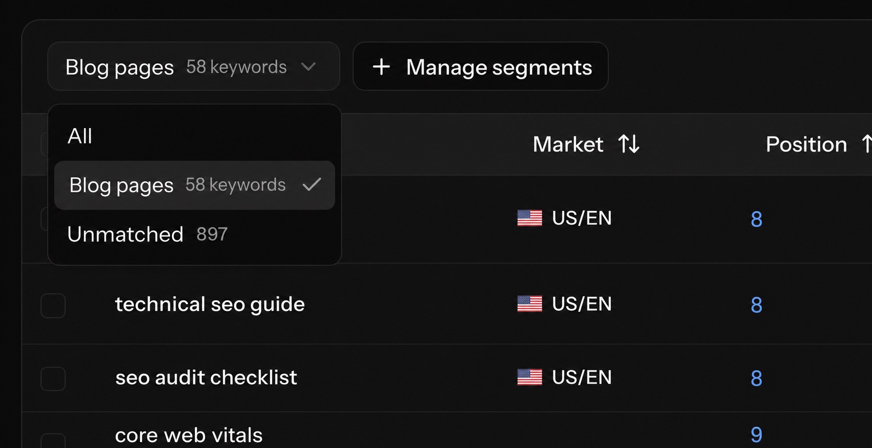 Blog pages saved segment selected in Rank Tracker