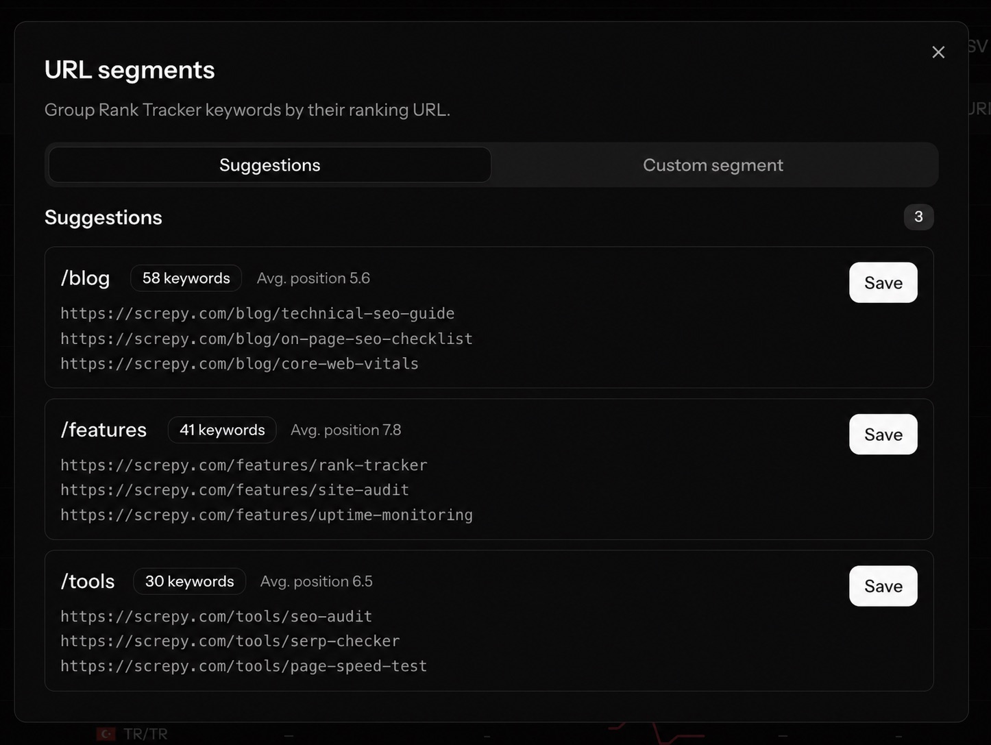Suggested Screpy segments based on ranking URL groups